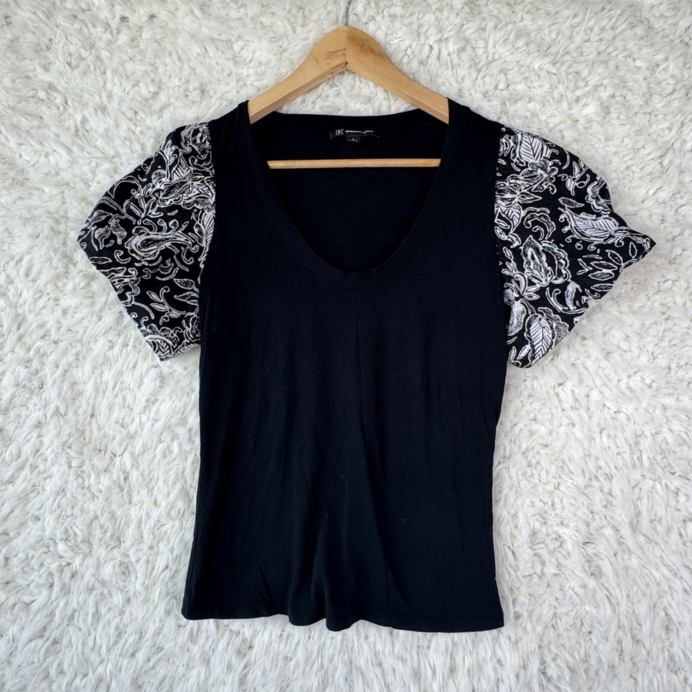 INC International Concepts Small Black White Floral Puff Sleeve V-Neck Top